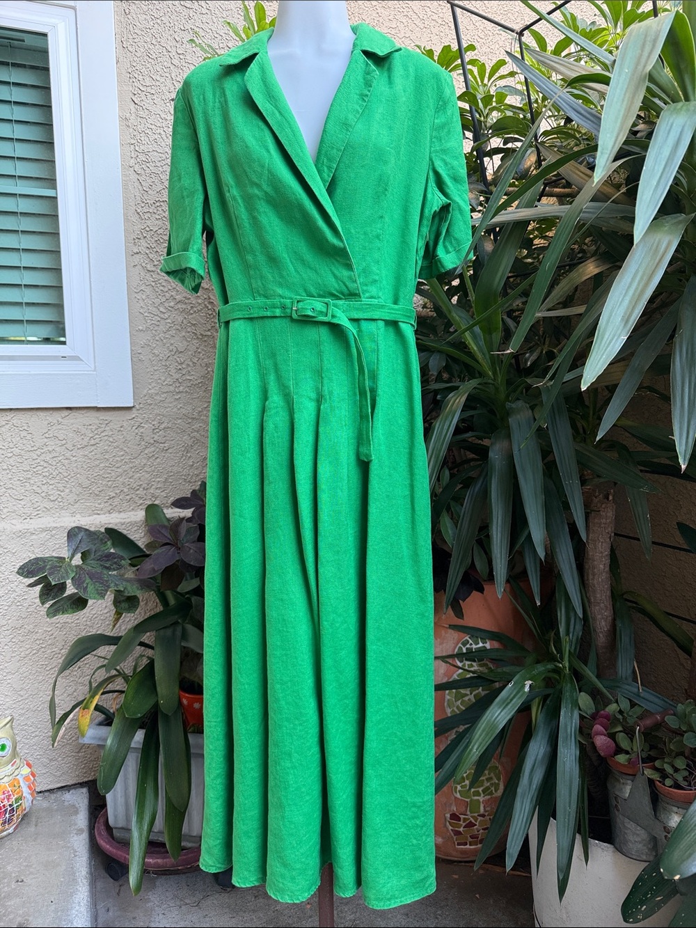 Mango Bright Emerald Green Belted Maxi Linen Dress with Notched Collar and Belt